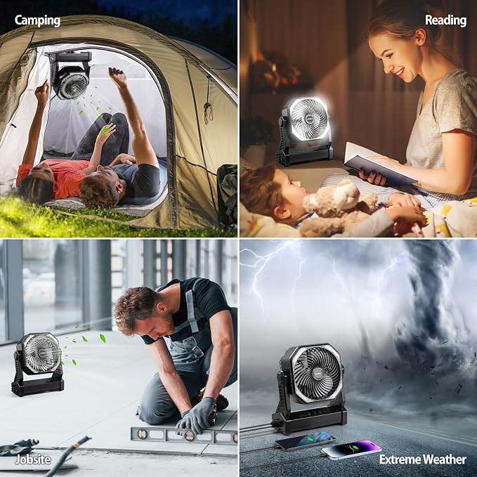Battery Powered Camping Fan, Battery Operated Fan, Travel Gear Essentials | 20000mAh Rechargeable Battery, 58Hrs Runing, 400LM Light & 360° Rotable Hook, Whisper Quiet Fan for Outdoor Power Outages - Image 8