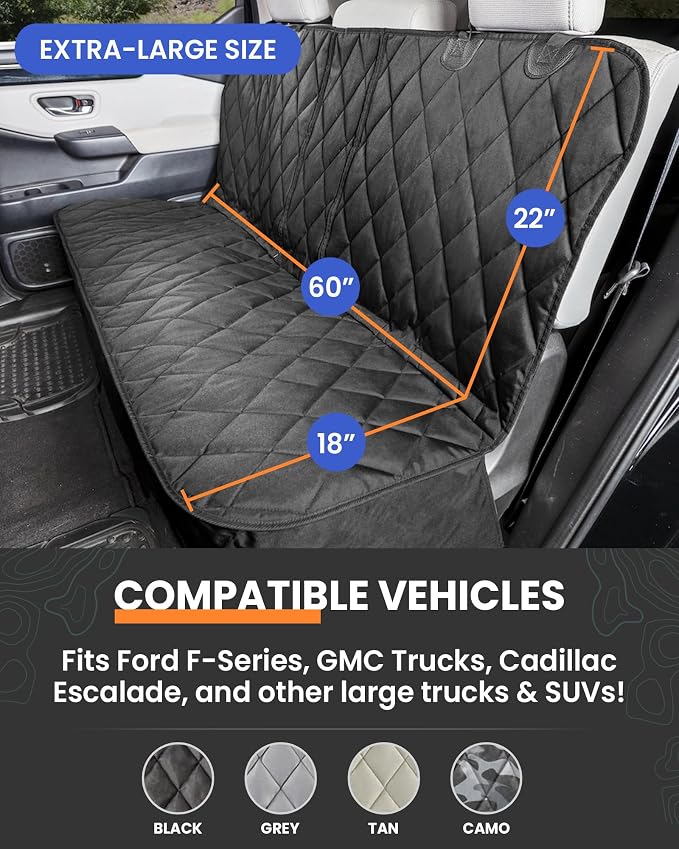 4Knines Dog Rear Seat Cover for Fold Down Seats - Fitted, Black XL | Heavy-duty split design fits 60/40 and 50/50 fold-down seats. No Hammock. K9-Shield waterproof layer. Non-slip backing. - Image 2