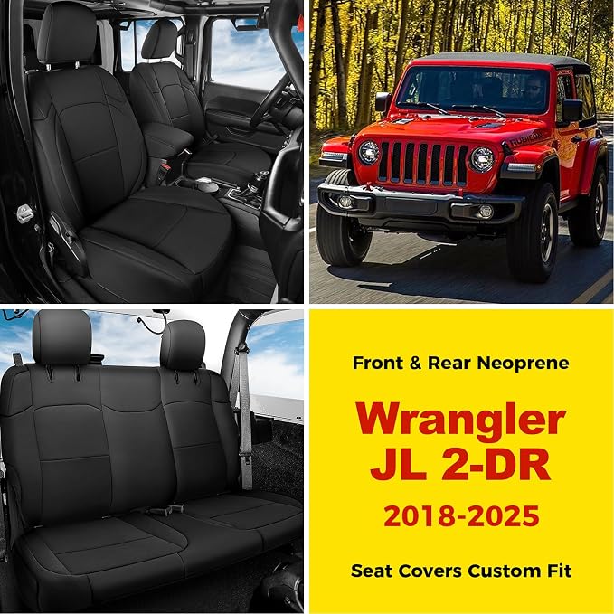 GIANT PANDA Neoprene Seat Covers for Jeep Wrangler JL 2-Door (2018-2026), Neoprene Waterproof Seat Covers, Foam Padded for Full Set, Front & Rear Seat Covers (Black) - Image 2