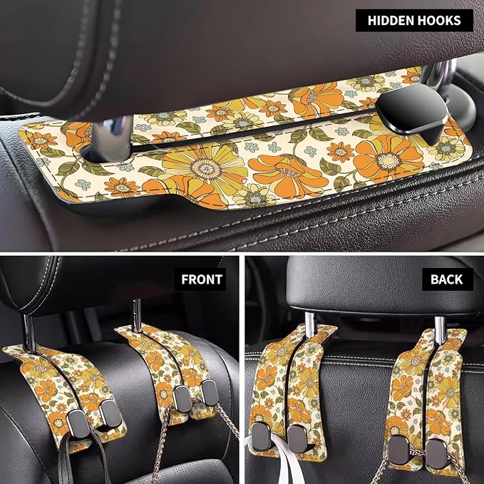 Car Seat Back Storage Headrest Hook, Premium Leather Double Metal Hook, Hanger Storage Organizer for Purse Cloth Bag, Car Interior Accessories Boho Orange Flowers - Image 4