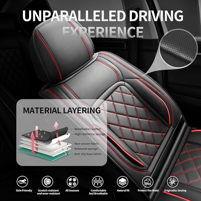 Fit Tacoma Premium Leather Car Seat Covers for Toyota Tacoma 2016-2022 2023 - Waterproof，Breathable，All-Weather Seat Cushion Protecto & Airbag Compatible, Full Set Red Line Black - Image 2