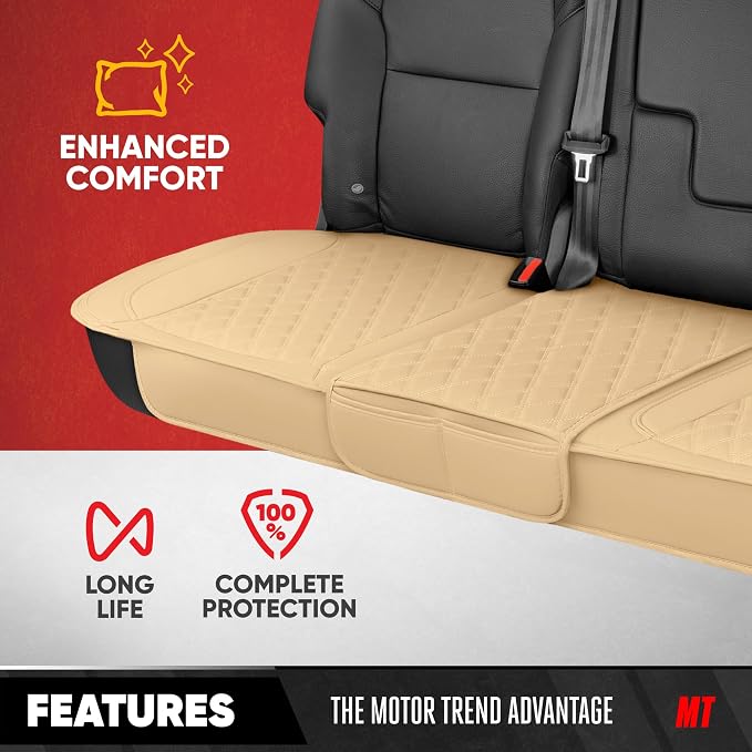 Motor Trend Rear Seat Cushion - Beige Diamond Stitched Faux Leather Rear Seat Cover for Cars, Trucks, SUVs - Padded, Waterproof, Non-Slip Back Seat Cover with Storage Pockets - Image 2