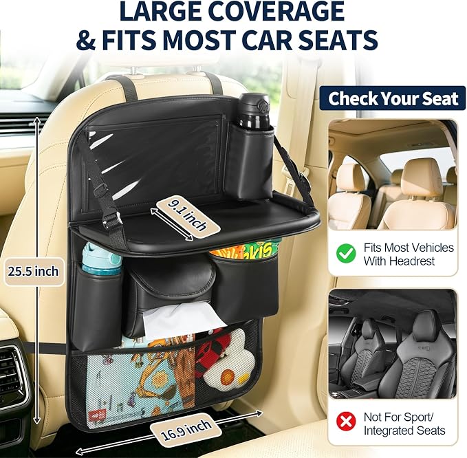 Backseat Car Organizer with Foldable Tray Table (2 Pack) | Premium PU Leather Seat Back Organizer with Tablet Holder, Large Pockets, Kick Mat for Family Travel and Daily Use - Image 6