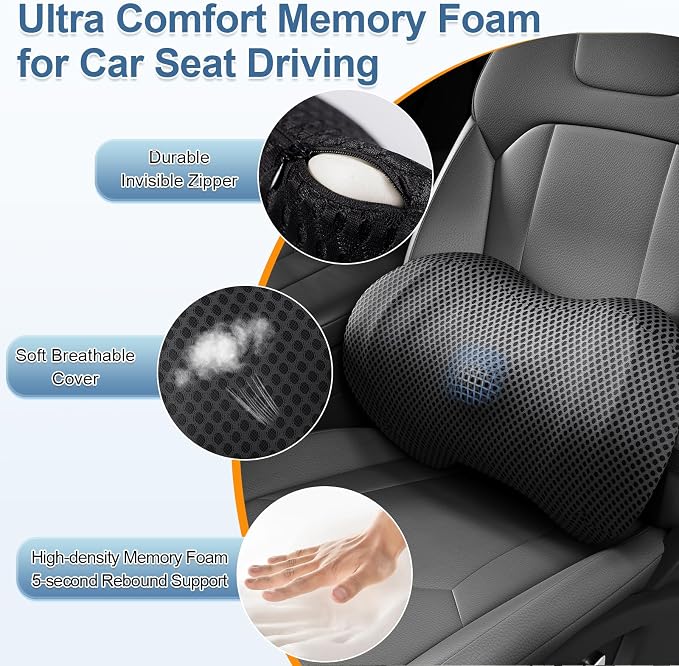BYMECOST Lumbar Support Pillow for Car, Ergonomic Back Cushion | Memory Foam Lower Back Support Cushion with Strap for Driving, Lumbar Pillow for Pain Relief, for Office Chair, Long Sitting - Image 4