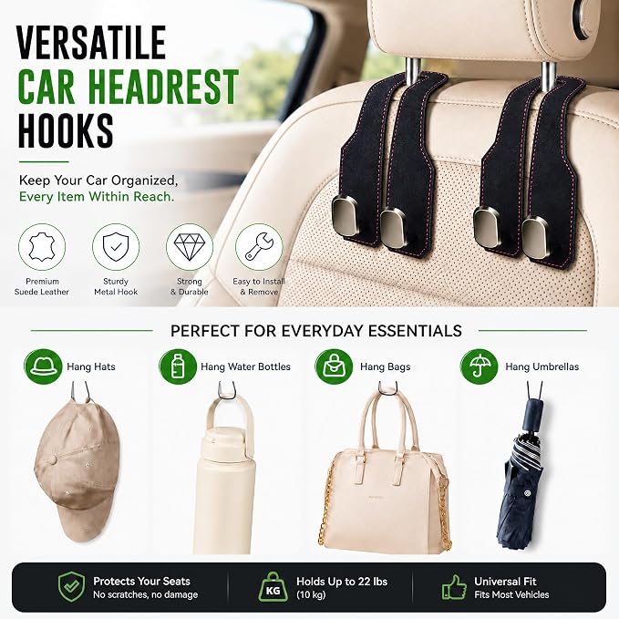 2 Pack Car Headrest Hooks, Dual Metal Hooks, Stylish Black | Premium leather with dual metal hooks and anti-drop design. Holds purses, bags, coats, and groceries securely. - Image 6