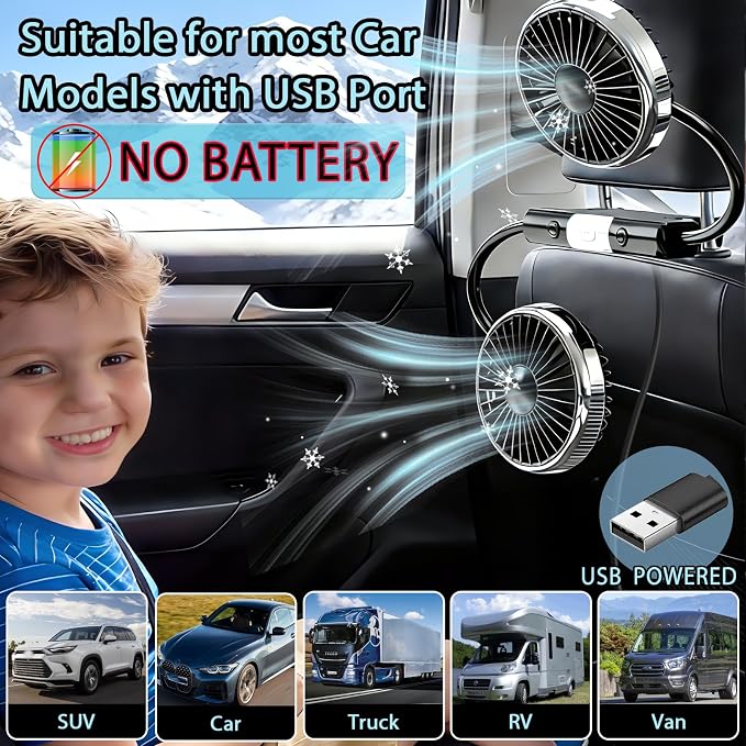 Car Backseat Fans for Backseat for Kids, Car Seat Fans for Car Back Seat | (No Battery) - Image 2
