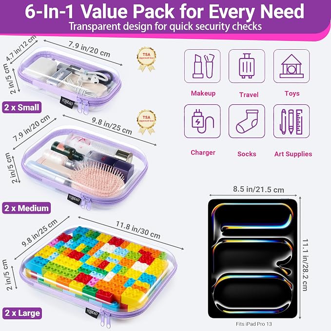 YQBRAO Clear Hard Shell Zipper Cases, 6 Multi-Size Organizers, Purple | Rigid clear shells in three practical sizes organize toiletries, cosmetics, cables, stationery and household essentials - Image 4