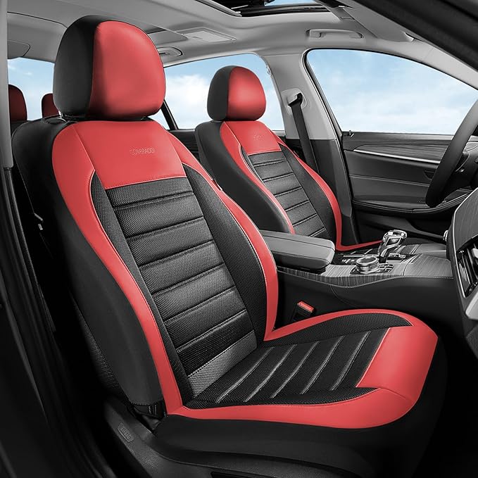 Coverado Car Seat Covers Full Set, Luxury Leather Car Seat Covers, Automotive Front and Rear Mesh Seat Covers, Full Set 5 Seats, Black Red Seat Covers for SUV Sedan Truck - Image 2