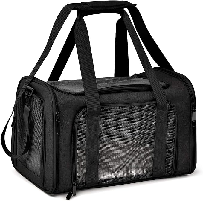 Henkelion Large Soft Sided Cat and Pet Carrier for Cats and Puppies up to 25Lbs - Collapsible, Waterproof Travel Carrier - Black by Henkelion