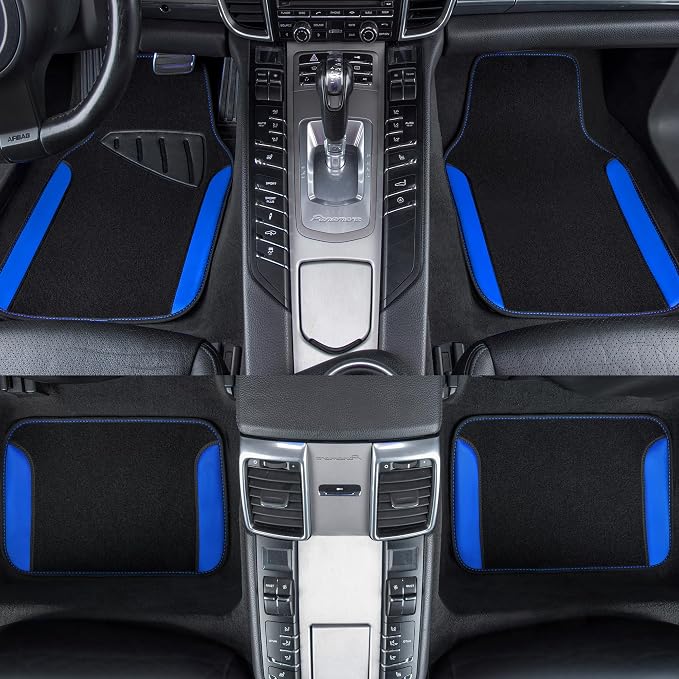 CAR PASS Rainbow Waterproof Universal Fit Faux Leather Car Carpet- Anti-Slip Nibbed Backing Floor Mats for SUV, Vans, Sedans, Trucks, Automotive Set of 4pcs (Black with Blue) - Image 3