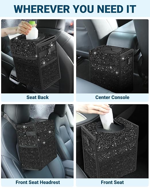 Capolo Car Trash Can with Lid, Leakproof Car Garbage Can Car Trash Bag | Waterproof, Trash Can for Car, 3 Mesh Pockets, Mini Hanging Vehicle Car Trash Bin, for Back/Front Seat (Sparkly Black,3 Gal) - Image 6