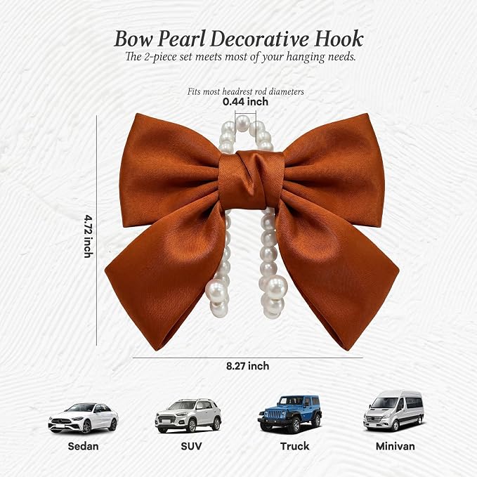 2PCS Satin Bow Pearl Car Seat Headrest Hooks – Car Bag Holder & Vehicle Hanger for Purses – Cute Coquette Aesthetic Interior Decoration – Cute Auto Organizer Accessories Universal (Woody Brown) - Image 2