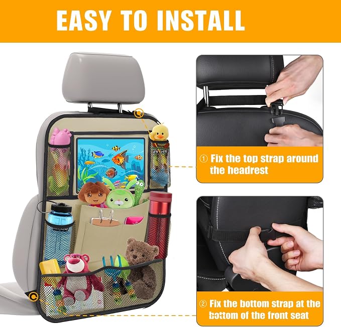 Backseat Car Organizer w/ 10 Storage Pockets 11" Tablet Holder, 2 PCS Beige | Car Organizers and Storage Kick Mats Back Seat Protector w/ Touch Screen Tablet Holder for Kids Toddlers, Travel Accessories - Image 6