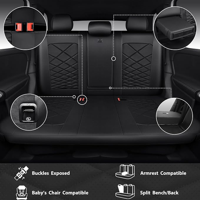CAR PASS Luxury Nappa Leather Seat Covers Full Set, Water Resistant Faux Leather Seat Covers with Lumbar Support, Comfortable Automotive Seat Covers Universal Fit for SUV Sedan Van Truck, Solid Black - Image 4