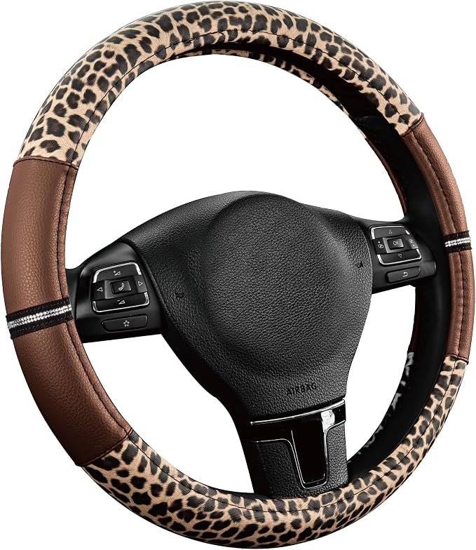 Road Comforts Leopard Steering Wheel Cover for Women, Cute Anti-Slip Microfiber Leather, Universal Fit 14.5-15 Inch Round Steering Wheel - Brown - Image 2