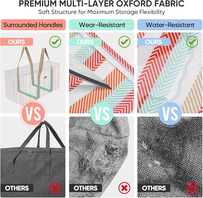 BALEINE Extra Large Storage Tote with Zippers & Carrying Handles, Heavy-Duty Oxford Fabric Moving Bags for Laundry, Space Saving, Storage, 2-Pack, Color Stripe - Image 3