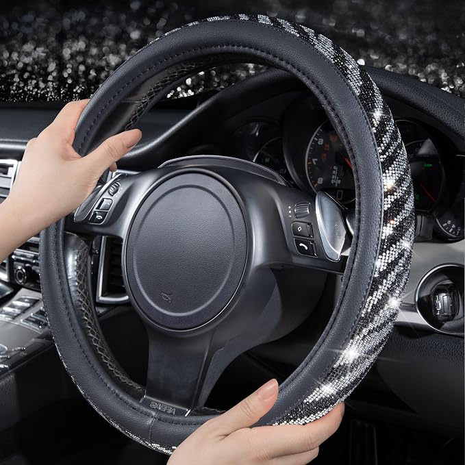 CAR PASS Bling Diamond Leather Steering Wheel Cover, with Bling Sparkly Crystal Glitter Rhinestone Universal Fit 14" 1/2-15" Car Wheel Protector Fit for Women Girl SUV,Vans,Sedans,Trucks, Zebra Print - Image 4