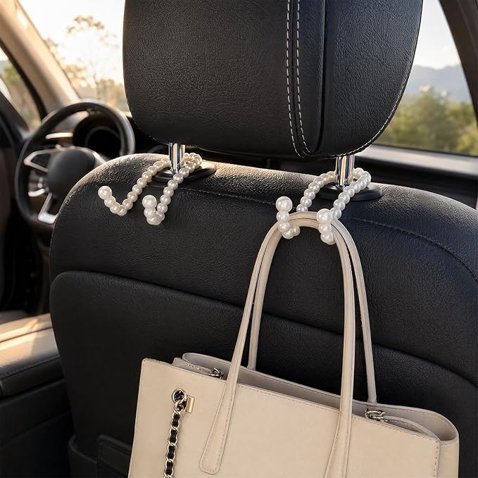 2PCS Elegant Pearl Car Seat Headrest Hook, Cute Seat Pearl Hanger Storage Organizer, Multifunctional Headrest Purse Hook Interior Decoration for Women Girls - Image 7