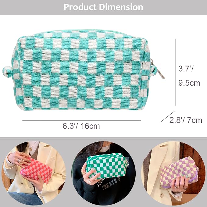 Checkered Makeup Bag for Purse, Small Cosmetic Pouch,Arctic Blue,2 Pack | Cute Zipper Makeup Organizer for Women, Travel Essentials, Toiletries, Makeup Brushes, Beauty Accessories&Bridesmaid Gifts - Image 2