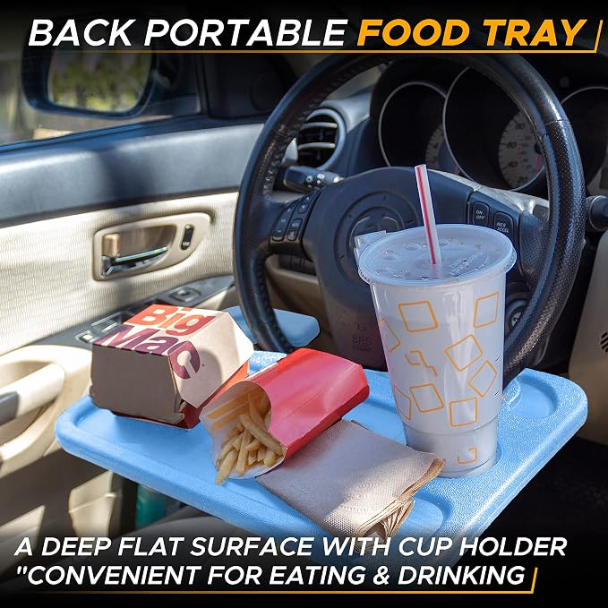 EcoNour 2 in 1 Car Steering Wheel Desk | Steering Wheel Tray for Laptop | Car Mount with Pen Holder | Car Food Tray for Eating with Drinks Holder | Multipurpose Travel Car Accessories | Blue - Image 3