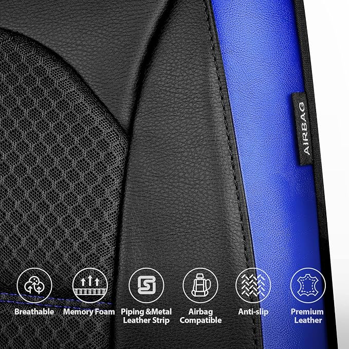 CAR PASS Memory Foam Leather Seat Covers,Air Cool Mesh Thick Car Seat Covers Front Seats Blue Leather Seat Covers for Cars Universal for SUVs Trucks,Airbag Compatible Comfort Durable,Black Blue Metal - Image 6