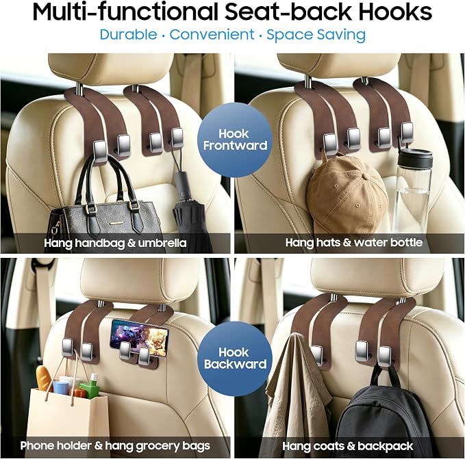 Amooca Car Headrest Hooks 4-Pack Suede Seat Organizer with Metal Core | Universal Fit, Double-hook Design, Backseat Storage for Backpack Umbrella Water Bottle Coat Purses Handbags Groceries, Brown - Image 6