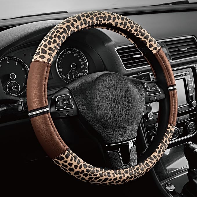 Road Comforts Leopard Steering Wheel Cover for Women, Cute Anti-Slip Microfiber Leather, Universal Fit 14.5-15 Inch Round Steering Wheel - Brown by RoadComforts