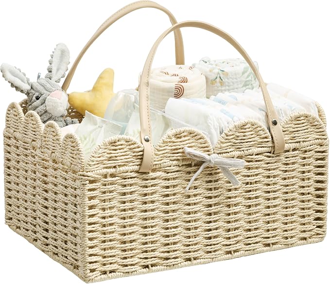 Angelhood Paper Rope Diaper Caddy, Scalloped Baskets with Removable Divider | Woven Floral Baby Diaper Organizer for Changing Table,Baby Shower Gifts,Portable Car Organizer for Diapers by Angelhood