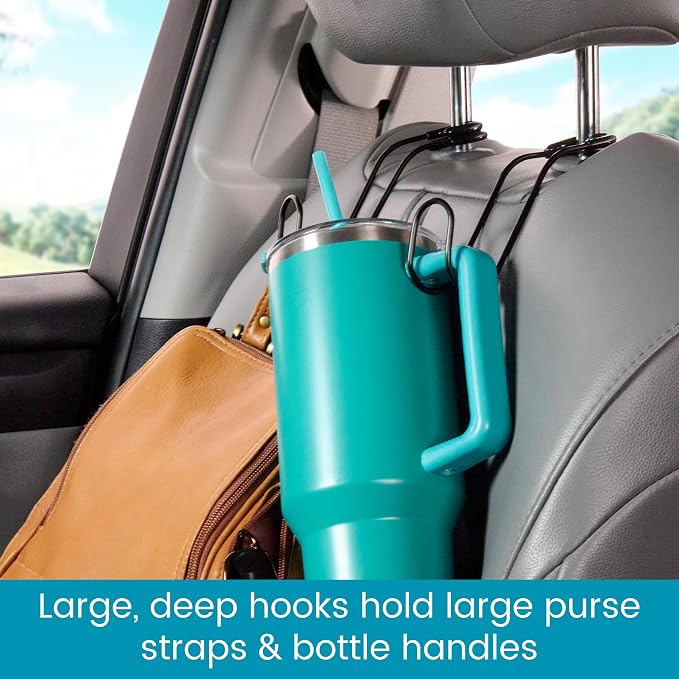 Metal Car Hooks for Purses and Bags - Large Hooks Won't Slip Off or Rattle | Set of 2 High Road Car Headrest Hooks Fit All Sized Metal Posts - Holds Multiple Bags, Wide Straps and Hard Hats - Image 3