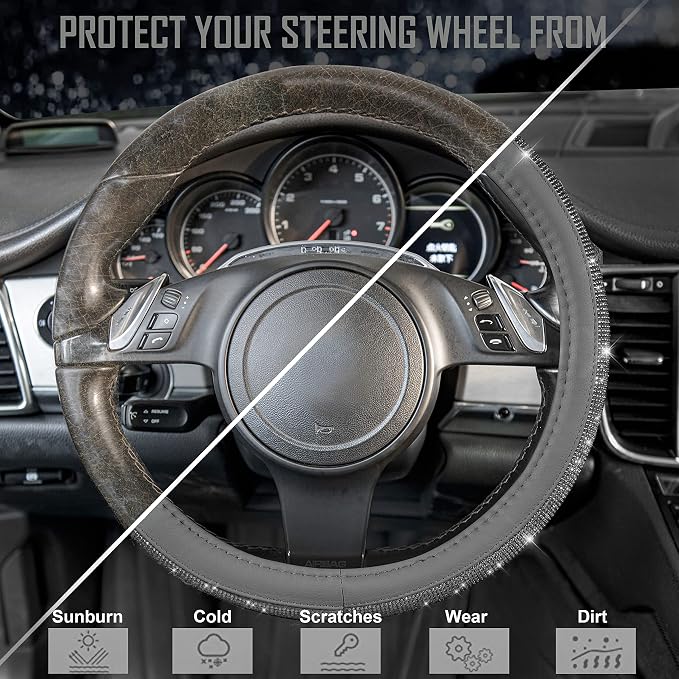 CAR PASS Bling Diamond Leather Steering Wheel Cover, with Bling Sparkly Crystal Glitter Rhinestones Universal Fit 14" 1/2-15" Car Wheel Protector for Women Girl Fit Suvs,Vans,Sedans,Cars,Trucks, Gray - Image 7