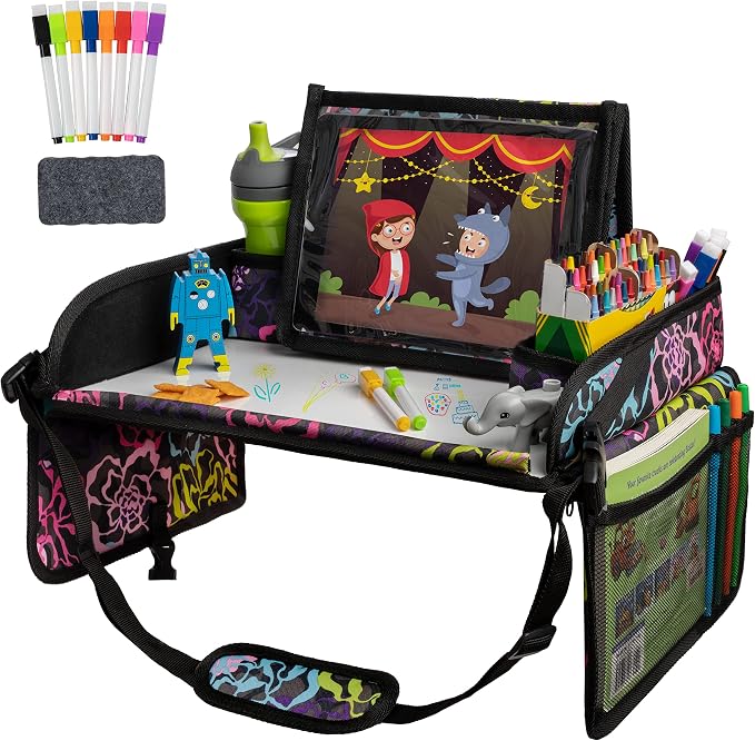 Lusso Gear Kids Travel Tray for Car - Road Trip Essentials for Kids - Car Seat Tray for Toddlers & Kids - for Airplane, Kids Travel Desk, Road Trip Activities (Floral) by LussoGear