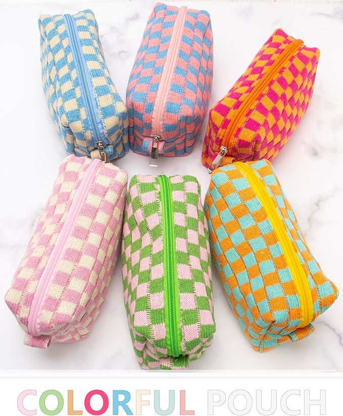Checkered Makeup Bag for Purse, Small Travel Cosmetic Pouch,Orange Green | Cute Zipper Makeup Organizer for Women, Travel Essentials, Toiletries, Makeup Brushes, Beauty Accessories&Bridesmaid Gifts - Image 5