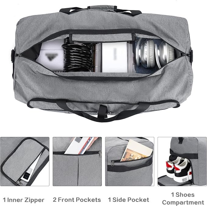 80L EXTRA LARGE Foldable Waterproof Travel Duffle Bag for Men and Women | with Shoe Compartment, Gray, 26" Duffel Bags for Weekender Gym Sport, Tear Resistant - Image 3