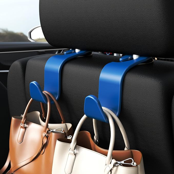 4-Pack Car Headrest Hooks Holds 55lbs Seat Storage Organizer for Bags | Durable ABS Material, 360° Rotating, Car Hanger for Backpack Umbrella Water Bottle Coat Purses Handbags Groceries, Blue - Image 2
