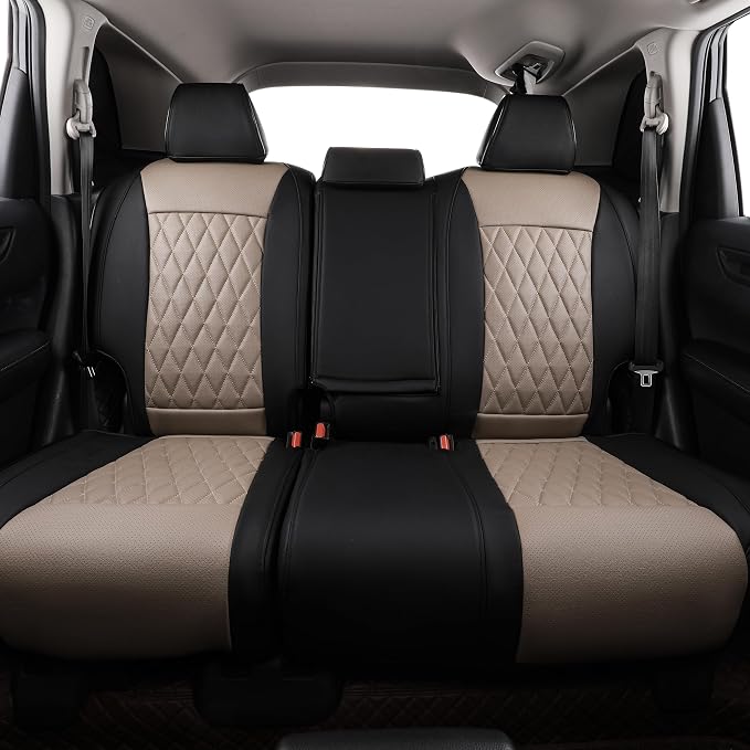 EKR Civic Seat Covers Custom Fit for Honda Civic (Hatchback) 2017 2018 2019 2020 2021 (Rear W/Armrest),Waterproof Leather Car Seat Cover Full Set,Faux Leather(Black/Sand Beige) - Image 6
