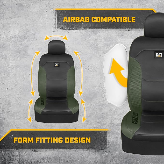 CAT Flexfit Green Black Seat Covers for Cars, Trucks, & SUV - (2) Front Car Seat Cover Front Seat Protectors - Airbag Compatible Seat Covers for SUV Interior Covers & Truck Seat Cover Car Accessories - Image 4