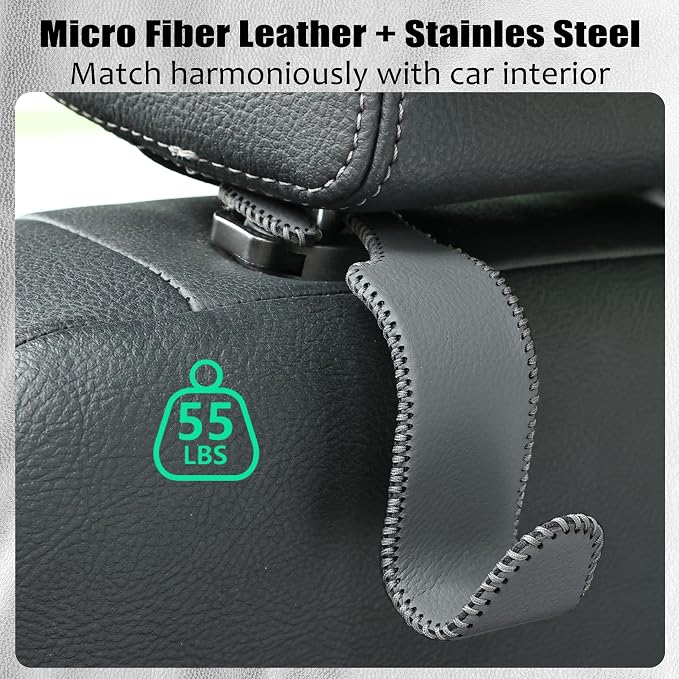 Car Seat Headrest Hook 55lb Heavy Duty Metal Hanger with Leather for Bags | Universal Fit car SUV Truck, Premium Microfiber Leather, Metal Core, Hang Purses Groceries Handbag Backpack, 2 Pack Grey - Image 5