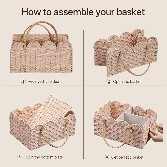 Angelhood Paper Rope Diaper Caddy, Scalloped Baskets with Removable Divider | Woven Floral Baby Diaper Organizer for Changing Table,Baby Shower Gifts,Portable Car Organizer for Diapers - Image 3