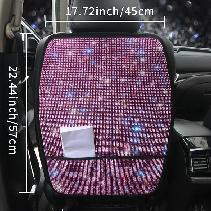 Bling Kick Mats for Car Seats with Pockets – Crystal Diamond Protectors for Girls & Women, Easy-to-Install Backseat Kick Mats with Storage & Sparkling Rhinestones Pink 2pcs - Image 3