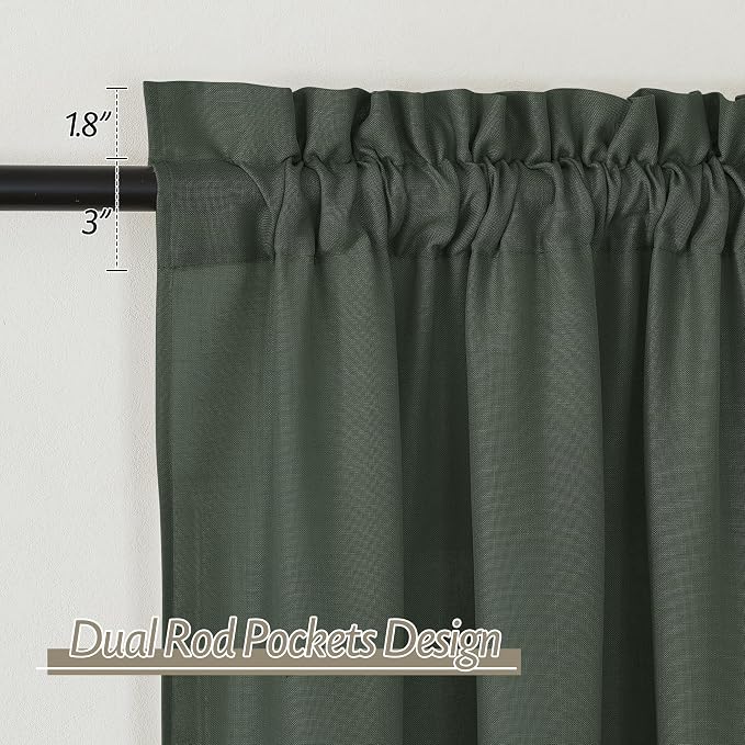 RYB HOME Linen Sheer Curtains 2 Panels for Living Room, Semi Transparent Privacy Drapes with Rod Pocket Farmhouse Style Window Treatments for Bedroom, Hunter Green, 52" W x 95" L - Image 2