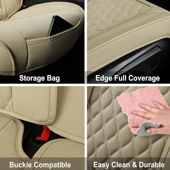 Car Seat Covers Full Set,Universal Fit for Most Cars,SUV,Sedans and Pick-up Trucks,Automotive Vehicle Faux Leather Cushion Covers for 5 Passenger Cars(Full Set,Beige) - Image 4