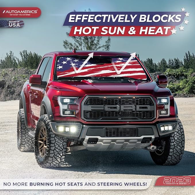 Autoamerics Truck Windshield Sun Shade with Storage Pouch & Anti-Slip Dash Pad - Foldable USA Art Flag-2 Design - Fits Most SUVs & Trucks - Blocks UV Rays and Keeps Car Cool | X-Large (66 x 36 inches) - Image 3