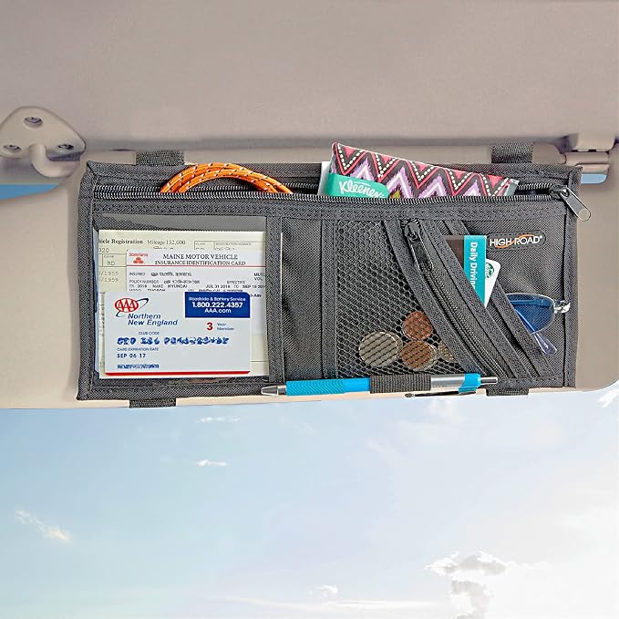 High Road Car Visor Organizer with Zippered Pockets, Sunglasses Sleeve and Clear Photo or Registration and Insurance Pocket - Heavy Duty Straps Fit Most Car, SUV and Truck Visors (Black) - Image 2