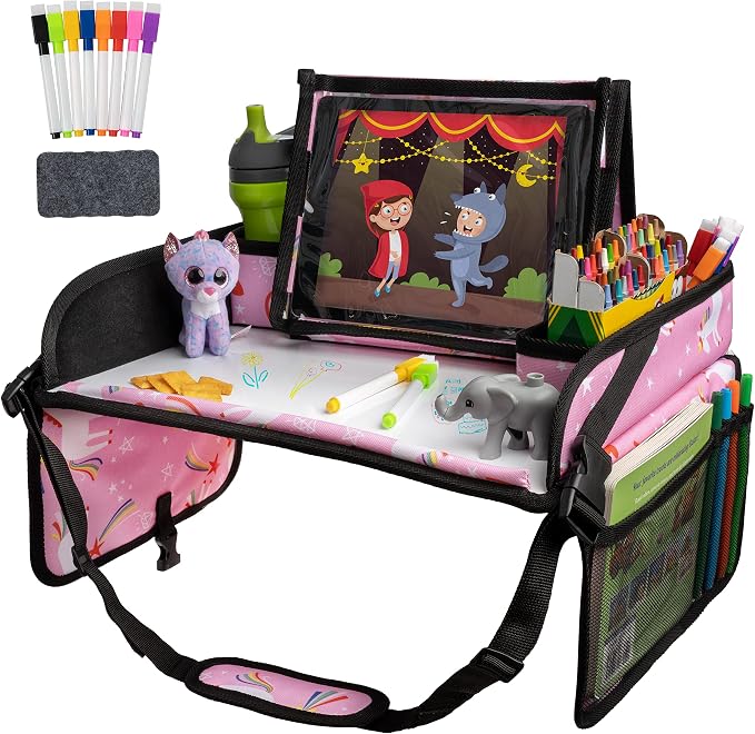 Lusso Gear Travel Car Seat Tray - Dry Erase Board & Secure Tablet Holder for Toddler Travel - Durable 600D Oxford Cloth with Snack & Toy Compartments for Road Trip Essentials for Kids - Pink Unicorn by LussoGear