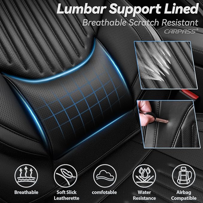 CAR PASS Luxury Nappa Leather Car Seat Covers Two Front, Lumbar Support Seat Covers for Car 2 Seats, Waterproof Car Seat Protector, Automotive Seat Cover Universal Fit for Most Sedans SUV Trucks Black - Image 5