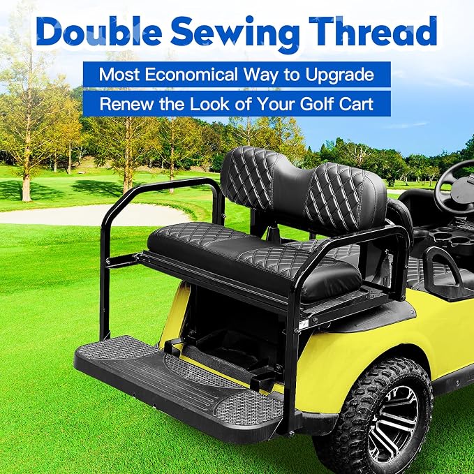 NOKINS Golf Cart Seat Covers 4 Piece Fits Club Car DS Pre-2000 | Front and Rear Seat Vinyl Covers, Golf Cart Accessories, No Staples(Black&Black Stitching) - Image 3