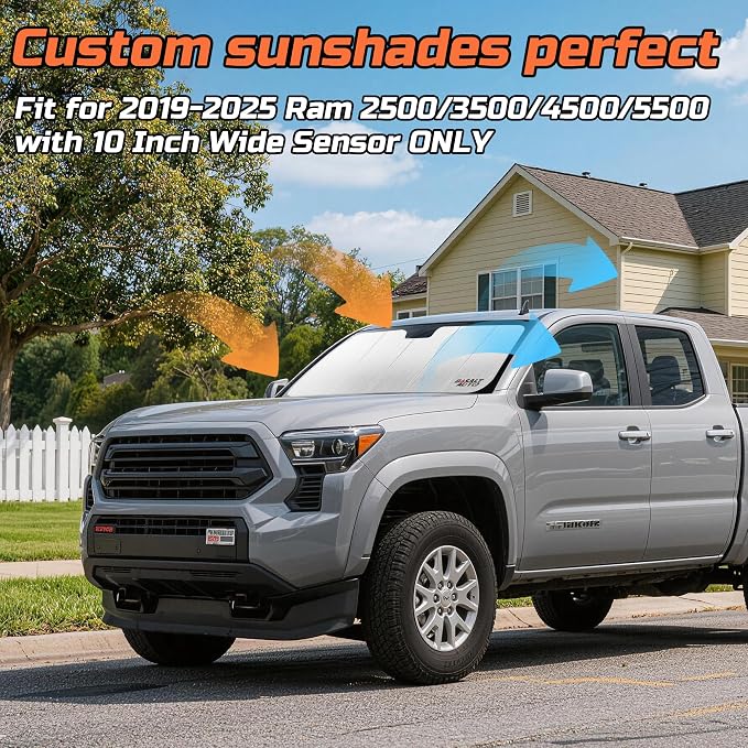 Windshield Sun Shade Compatible for 2019-2025 Ram 2500/3500/4500/5500 10 Inch Silver Reflective Foldable Front Sun Visor Sunshade Protector with Storage Bag Keep Interior Cool - Image 2