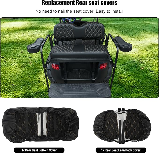 NOKINS Golf Cart Seat Covers Fit Aftermarket Standard Rear Seat Cushion | Fit for Club Car Precedent/DS/EZGO RXV/TXT/Yamaha Drive, No Stapler, Multiple Colors&Breathable (Black&Brown Stitch) - Image 6