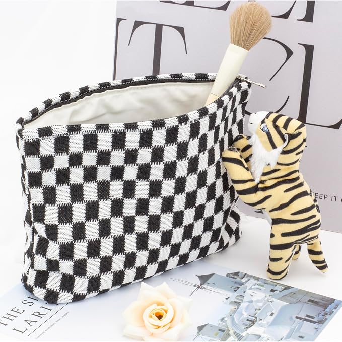 PAZIMIIK Checkered Makeup Bag for Purse, Small Flat Cosmetic Pouch,Black | Cute Zipper Makeup Organizer for Women, Travel Essentials, Toiletries, Makeup Brushes, Beauty Accessories&Bridesmaid Gifts - Image 2