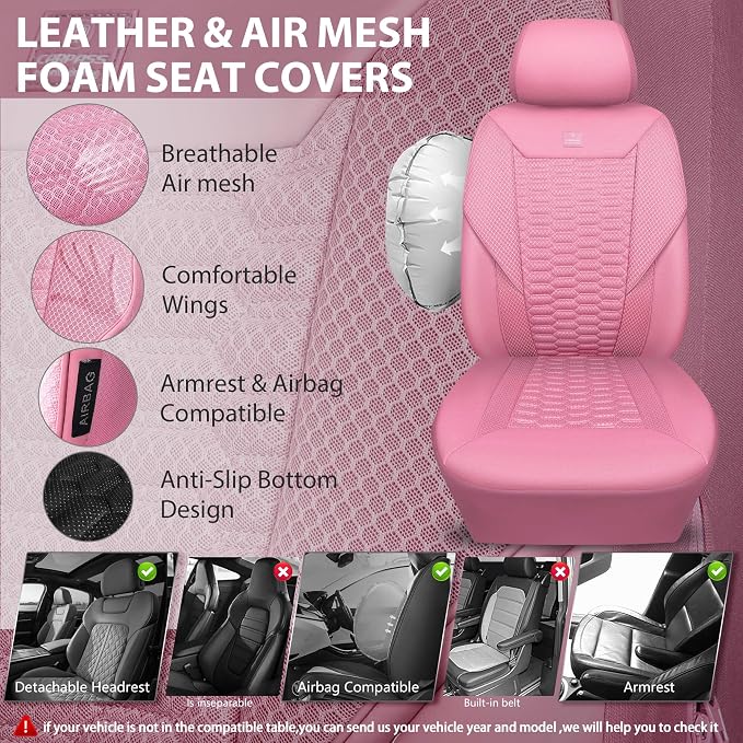 CAR PASS 3D Foam Mesh Leather Car Seat Covers Full Set, Pink Breathable Mesh Faux Leather Seat Covers for Women, Universal Fit for Car SUV Truck Sedan Automotive, Armrest Airbag Compatible, All Pink - Image 3